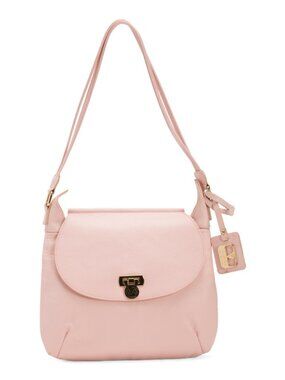 VALENTINA Made Nude Pink In Italy Leather Saddle Bag With Flap Over Closure